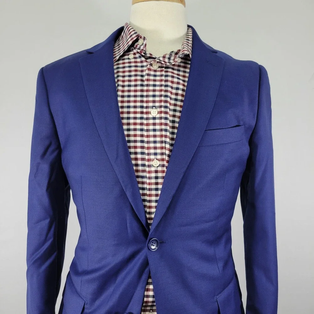 Mantoni Mens Sport Coat Blazer Two Button Nopleat Blue Twill Super Fine Wool 40R